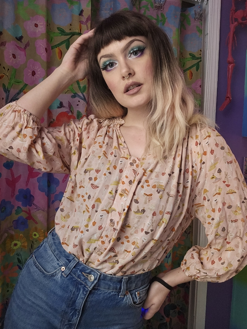 Wallpapher Mushroom Biege Long Sleeve Buttoned Top Blouse